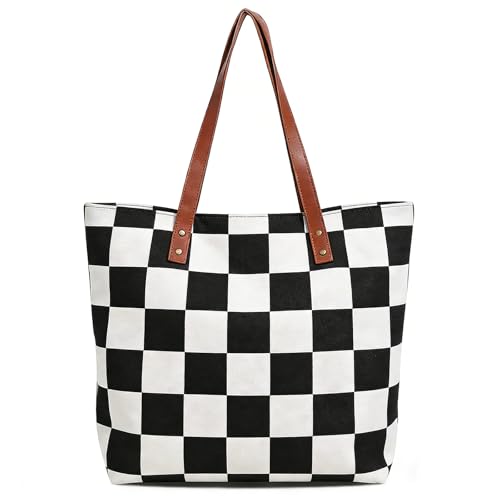 EXFAI Black and White Checkered Canvas Tote Bag With Leather Handle for Women Men, Plaid Reusable Grocery Bags for Birthday Gifts.Black and White Checkered Plaid