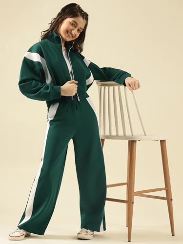 Image of Li'l Tomatoes Girls Solid Fleece Winter Track Suit | Zip-Up High Neck Jacket & Wide-Leg Track Pants | Casual Co-Ord Set | 9-16 Years