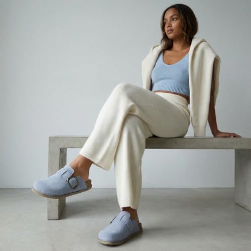 Image of CUSHIONAIRE Women's Blain Genuine Suede Slip-On Clogs with + Memory Foam & Chic Buckle Mule - Comfortable, Non-Slip, Wide Widths Available