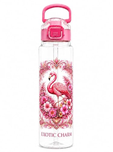 Image of Exotic Charm Flamingo Printed Water Bottle 1 Litre with Straw & Gulp Drinking