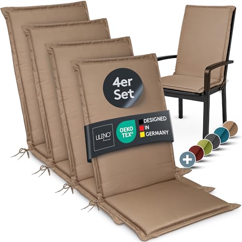 LILENO HOME Gartenstuhl Auflagen [4er Set - Hochlehner] in Taupe - Bequeme Liegen als Sitzauflagen für Gartenmöbel - Stuhlkissen für Gartenstühle und Klappstühle MIA