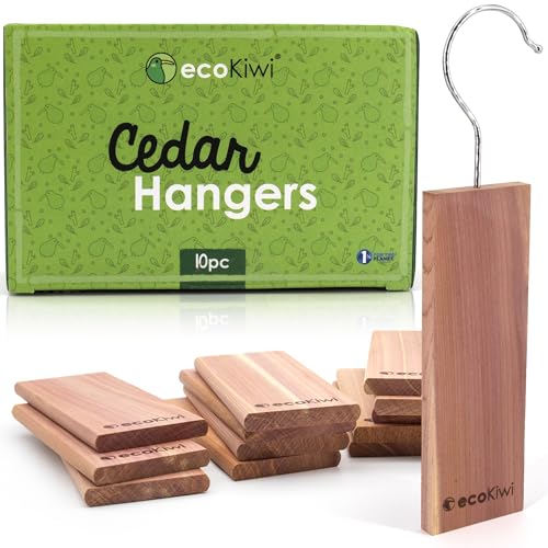 ecoKiwi Cedar Blocks for Clothes Storage - 10 Pack Hang Ups - 100% Natural Aromatic Cedar Planks for Closets and Drawers - Cedar Wood Hangers Balls Chips with Sandpaper - Cedarwood Scented Freshener