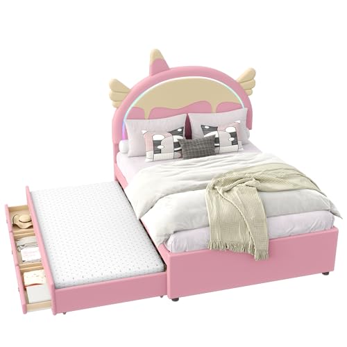 Cama tapizada para niñas 140x200 cm con cabecero en Forma de Unicornio, iluminación LED, Cama Nido, 3 cajones, Cama de...