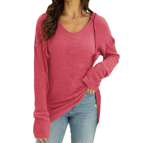 Blusa feminina de manga comprida com gola V, estilo waffle, leve, casual, cor lisa, outono moderno p