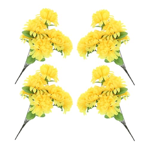 TOYANDONA Ramo de 4 Flores de Crisantemo Artificiales Amarillas 7 Cabezas Tallos Resistentes para Decoración de Cementerio y Monumentos Funerarios Flores Falsas para Sacrificio y Recuerdo