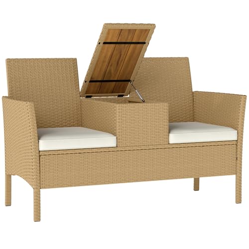 Outsunny 2-Sitzer Rattan und Stahl Outdoor-Bank, Gartensofa mit Kissen...
