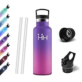 Motswedi Botella Agua, 500 ml Libre de BPA, Botella Termica, Con Pajita y 2 Tapas, Cantimplora, 18/8 Acero Inoxidable, Botellas Isotermica para Scuole, Uso Quotidiano - Morado intenso&rojo rosa