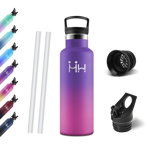 Motswedi Gourde, 500 ml Sans BPA, Gourde Isotherme, Avec Paille&2 Couvercles, Bouteille d'eau, 18/8 Acier Inoxydable, Bouteille Isotherme pour École, Utilisation Quotidienne - Violet foncé&rose