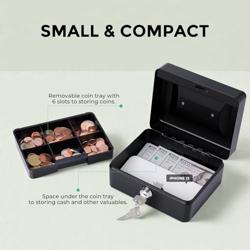 Image of Small Cash Box with Money Tray and Lock, Metal Cash Lock Box with Key, Petty Cash Box for Money 5.9 x 4.7 x 3.1 Inches Black