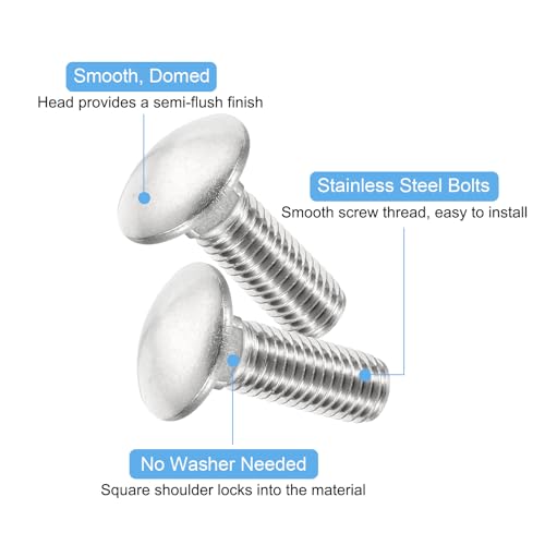 Image of uxcell 1 /2-13x1-1 /2 Carriage Bolt, 6pcs Round Head Square Neck Screws, 304 Stainless Steel, Fully Threaded, Silver