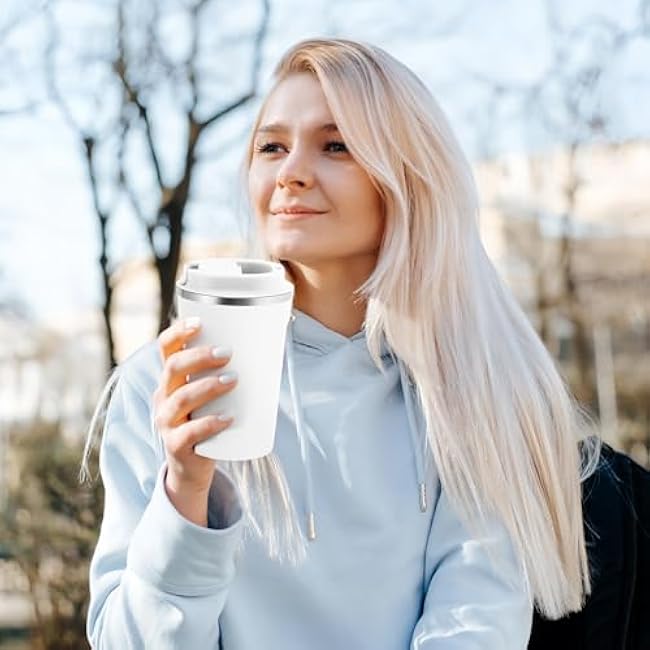 Volhoply 12 oz Double Wall Insulated Vacuum Travel Coffee Mug with Flip Lid Bulk 4 Pack,Reusable Stainless Steel Leak Proof Coffee Cup,Portable Thermal Tumbler for Hot&Cold Drinks(Assort Color,4 Set)