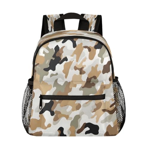 Toddler Backpack for Boys Girls, Brown Grey White Camo Mini Kids Backpacks with Chest Strap Whistle, Preschool Kindergarten Daypack, Travel Bookbag for Children