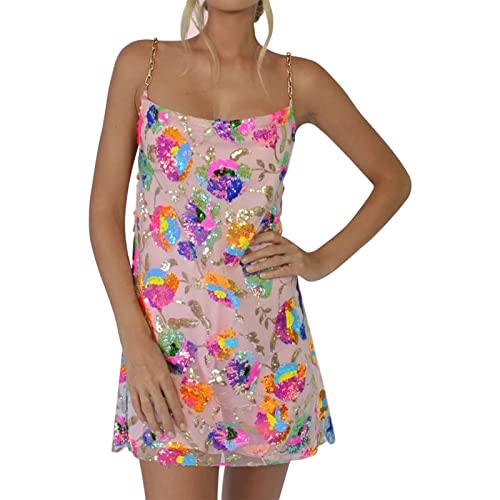 Vestido feminino com suspensório de metal, gola única, costas nuas, lantejoulas, floral, sexy, curto