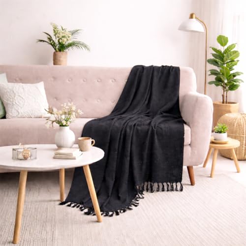 Image of Cotton Black Tasseled Throw Blanket | Sofa Throw 50x60 Inch, 127x 152 cm | Reversible, Breathable and Lightweight (Pack of 1)