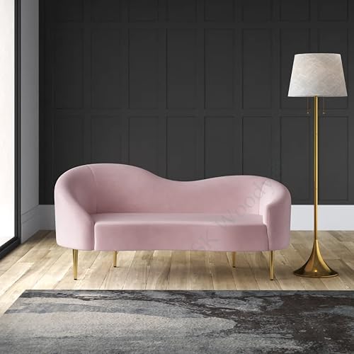 Image of Rosewood Luxury Curved Sofa in Premium Velvet-Fabric | Solid Wood Structure | High Density Foam | Sturdy Golden Legs | Comfortable & Stylish Couch for Modern Living Room (Pink, 2 Seater)