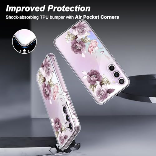 Image of VONZEE Clear Transparent Flower Case Compatible with Samsung Galaxy A55 5G, Shockproof Floral Design PC+TPU Back Cover, Camera Protection Slim Protective Phone Case for Women & Girls, Deep Purple