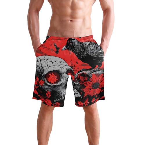 Men Swim Trunks-Gothic Skull Crow, Beach Shorts with Inner Lining Quick Dry Board Shorts S