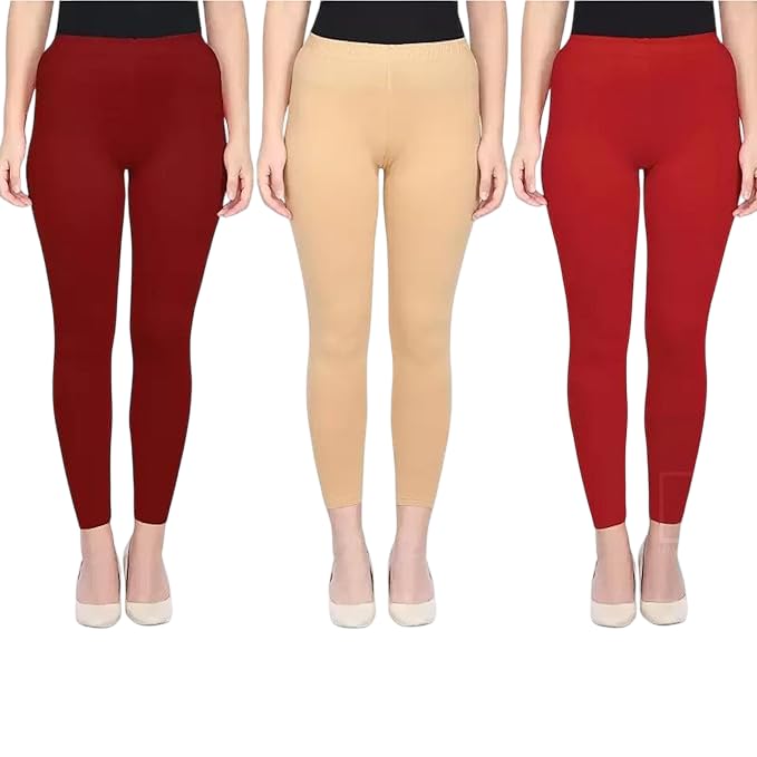 Leggings, Stretchable, Beige, Red,Maroon Pack of 3-picture-35