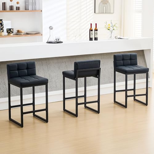 FIRAVOE Bar Stools Set of 3, Upholstered Faux Leather Counter Height Barstools with Low Back and...
