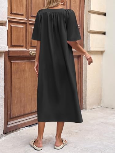 Image of Wenrine Womens Casual Maxi Dress Short Sleeve Loose Flowy Summer Dresses | flutter sleeve, v neck, loose fit, slit, long summer dress, beach, vacation