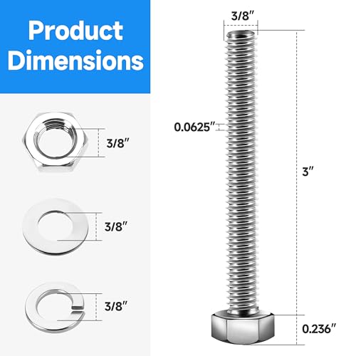 Image of (6 Sets) 3 /8 Bolt, 3 /8-16 x 3 Hex Head Screws, Assorted Screws Nuts and Bolts with Flat & Lock Washers, Stainless Steel 3 /8 Bolts and Nuts Set, Fully Threaded by Marysino