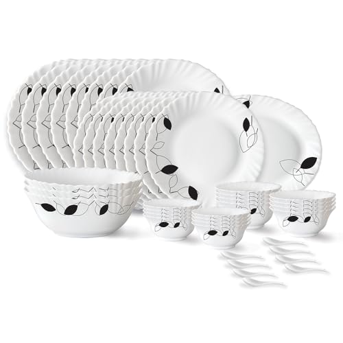 Larah by Borosil Shadow Fluted Series Opalware Dinner Set | 44 Pieces for Family of 8 | Microwave & Dishwasher Safe | Bone-Ash Free | Crockery Set for Dining & Gifting | Plates & Bowls | White