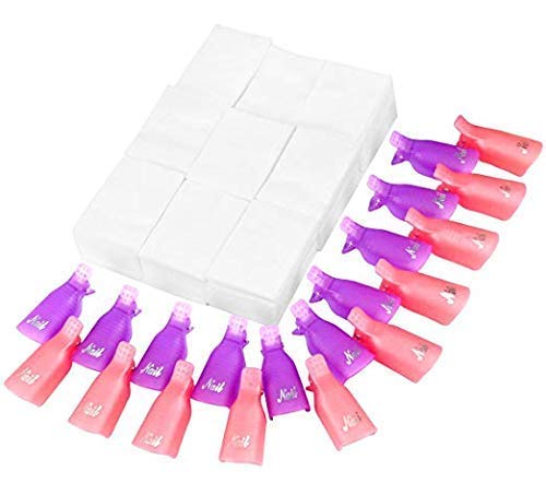 Nail Polish Remover Clips Set, ESARORA Acrylic Nail Art Soak Off Clips Caps 20 Pack with Nail Wipe Cotton Pads 500 Pack