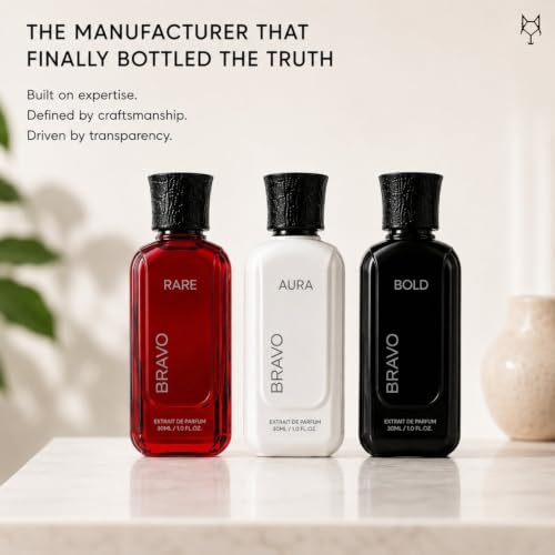 Image of Bravo Premium Extrait De Parfum Luxury Combo Set (3 x 30ml) - Bold (Cognac & Toffee), Aura (Fresh Aquatic Citrus), Rare (Caramel & Vetiver) | Long Lasting Intense Fragrance Gift Pack for Men & Women