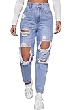 Jelove Women's High Waist Boyfriend Straight Leg Ripped Jeans Distressed Denim Pants (Blue, M)