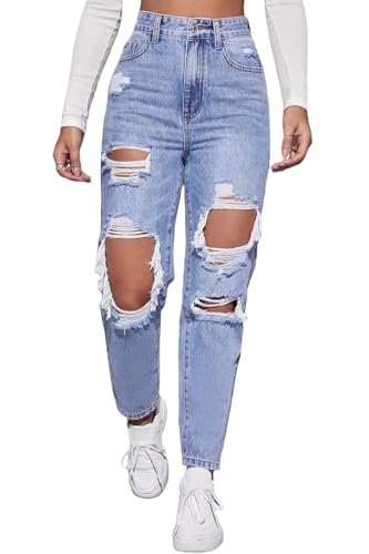 Jelove Women's High Waist Boyfriend Straight Leg Ripped Jeans Distressed Denim Pants