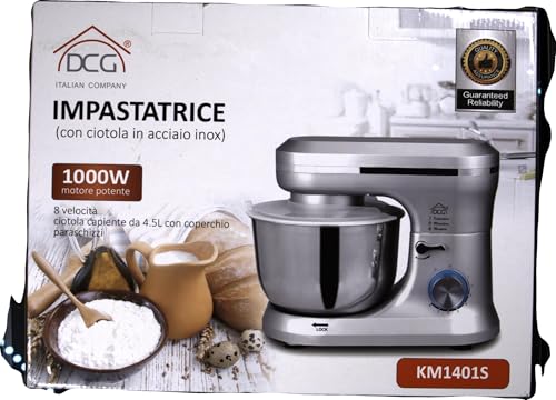 DCG Impastatrice Planetaria KM1401S Impastatore Ciotola in Acciaio 4lt con Accessori, Colore Silver Grigio 8 Velocità, Potenza 1000W