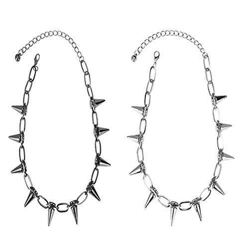 2Pcs Gothic Rivet Spike Paperclip Link Chain Choker Necklace Set Punk Rock Hip Hop Adjustable Streetwear Collar Necklace For Women Men Boy Teen Girl Unisex Vintage Jewelry-B Black Silver #TOP17