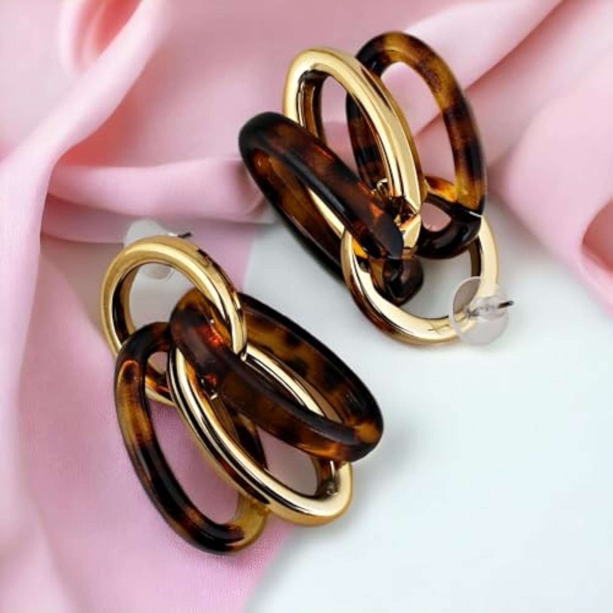 18k Plated Circle Link Drop Earrings with Multiple Rings