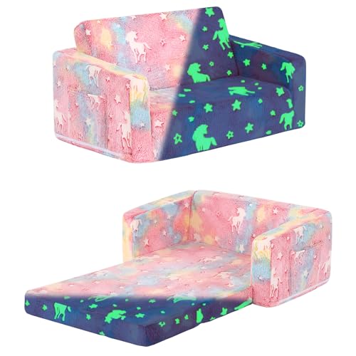 Tiita Kids Sofa Chair, 2 in 1 Toddler Fold Out Couch, Comfy Kids Sofa for Playroom-Extra Soft 2 Seats, Glow in The Dark Children Couch to Lounger for Girls Boys, Colorful Pegasus