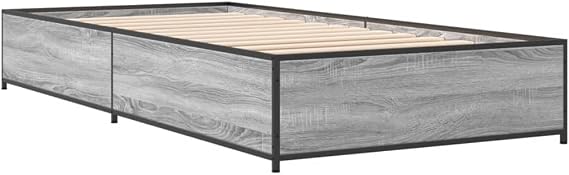 Single Bed Frame 100x200 cm Grey Sonoma Engineered Wood & Metal Legs with Plywood Slats Easy Assembly Modern Bedroom Furniture for Kids Guest Room or Loft