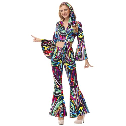 Jutrisujo 70s Disco Costume for Women - 60s Hippie Outfit With Disco Diva Flare Pants, Black S