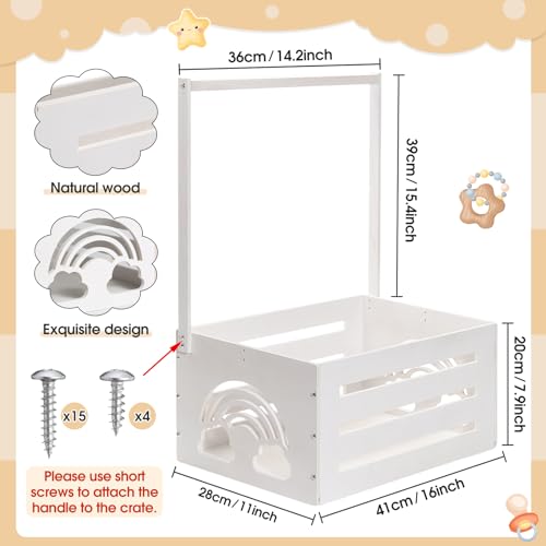 Image of Yerliker Wooden Baby Shower Crate Closet Baby Shower Gifts Basket Storage Crate Hamper with Handle Personalized Basket for Newborn Boys Girls Pregnancy Gifts(White,Cloudy, Rainbow)
