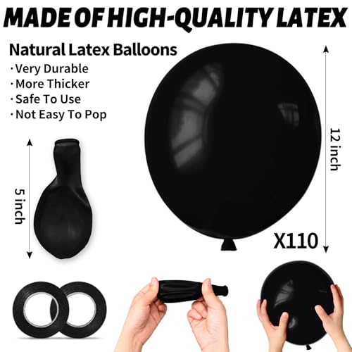 Image of 110pcs Black Balloon 12 inch, Black Latex Balloons for Birthday Party Baby Shower Wedding(with 2 Ribbons). (Pack of 3)