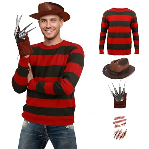 Joyincoser 4PCS Horror Costume Set for Men with Gloves Hat Red Striped Sweater Scary Film Outfits for Halloween Cosplay Carnival (X-Large)