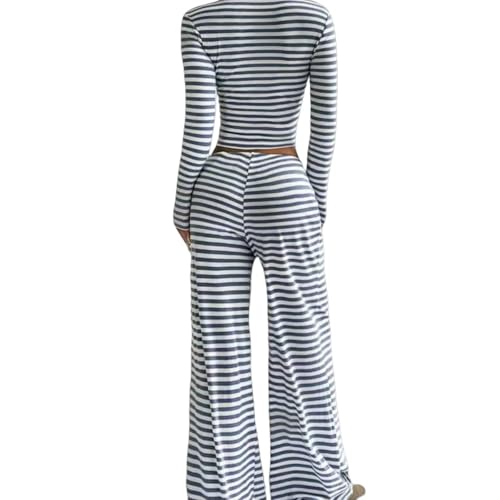 Womens Striped 2 Piece Sets Square Neck Top Cropped Tunic Wide Leg Pants Casual Lounge Sweatsuits Vacation Clothes2