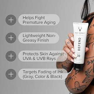 Mad Rabbit Defend Tattoo Sunscreen- SPF 30 100mL Tube- Mineral Sunscreen Lotion - Tattoo Fade Protection and Moisturizer, Anti-Aging Formula