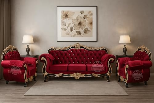 Image of Royal Carved Wooden Sofa Set | 3+1+1 Seater | Antique with Button Tufted Velvet Upholstery | Victorian Style Living Room Furniture Tufted Sofa Set Grey 3-Piece (Design 14)