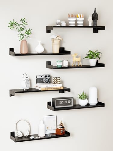 FNBAR Floating Shelves for Wall Shelves for Decor Storage Set of 6 Wall Mounted Wood Shelf for Bedroom Living Room Bathroom Kitchen Long Picture Ledge Shelves.(Black)