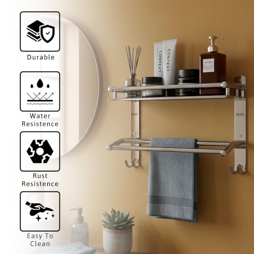 Image of GLOXY Premium Washroom Storage Organizer Rack Shelf with Bathroom Towel Hanger 15 inch -Combo Pack of 3 Stainless Steel Chrome Finish Heavy Bathroom Fittings Accessories Set for Home, Office & Hotel