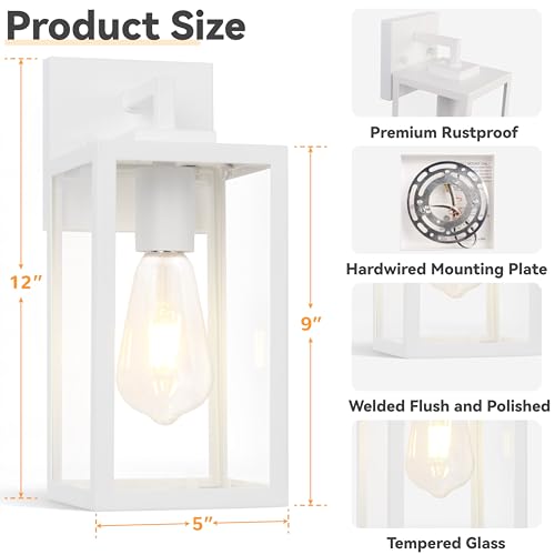 Image of Outdoor Wall Light Fixtures, White Outdoor Wall Lanterns for Porch, 2-Pack | Modern Front Door Lighting with Tempered Glass, Anti-Rust Waterproof Exterior Wall Sconce for House Garage Patio Entryway E26