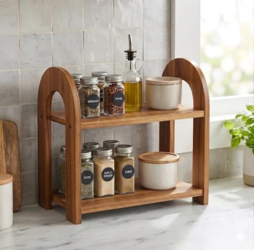 Image of 2-Tier Spice Rack, 13.8 Inch Wood Step Shelf Countertop Spice Storage Holder, Kitchen Pantry Cabinet Organizer Cupboard for Spice Bottles, Jars, Seasonings, Baking Supplies, (Brown, Oval)