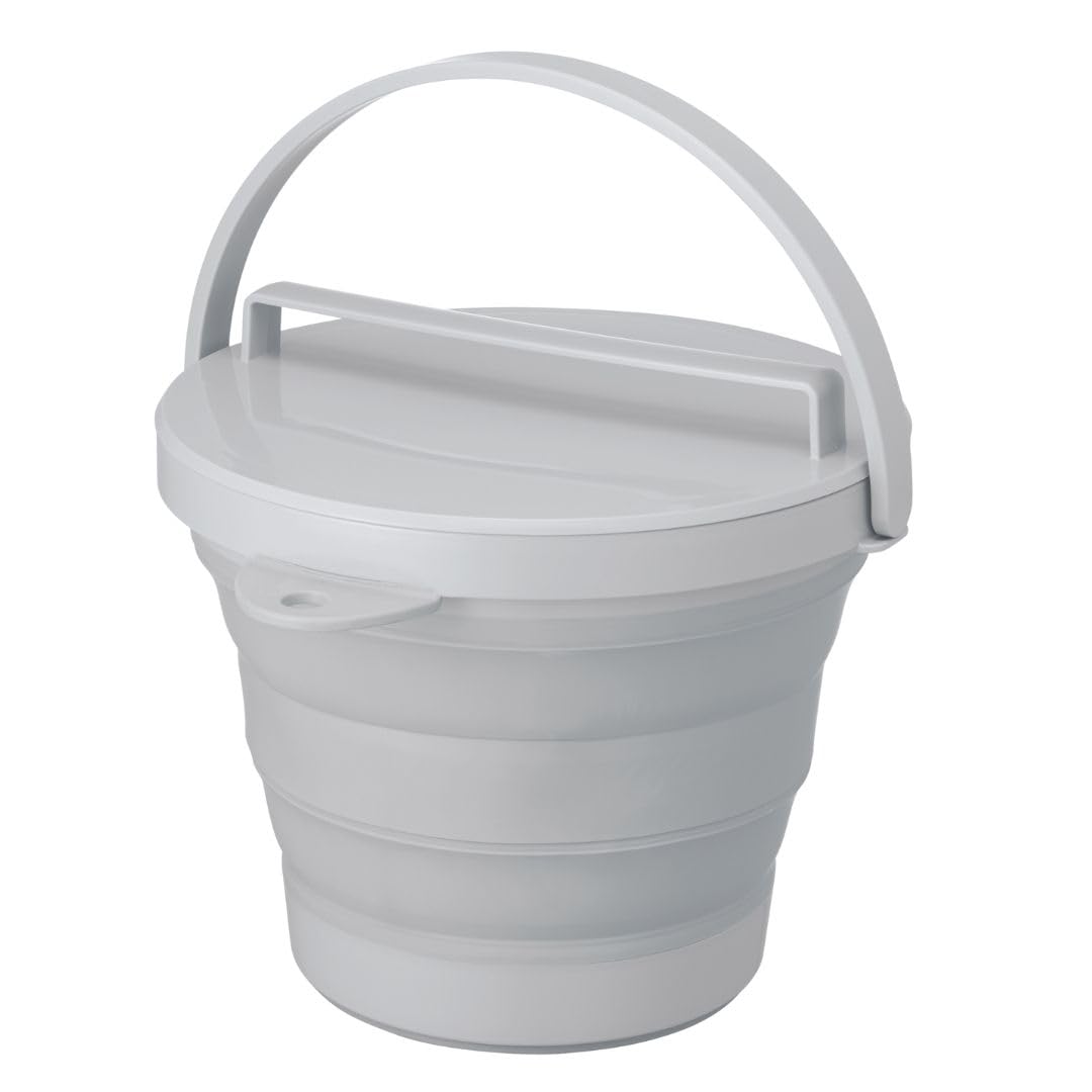 Isetou I-642 Collapsible Bucket with Lid 2.8 gal (8 L) Gray 8L Width 12.8 x Depth 11.8 x Height 3.2-10.1 inches (8.1-25.7 cm), Made in Japan, Folding Bucket with Lid, Large Capacity, Compact,