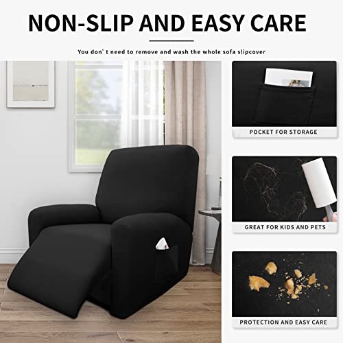 Image of Easy-Going 4 Pieces Waterproof Recliner Chair Slipcover Washable | Stretch Soft Couch Cover for Dogs, Sofa Slipcover for Recliner Couch Furniture Protector for Kids, Pets Black
