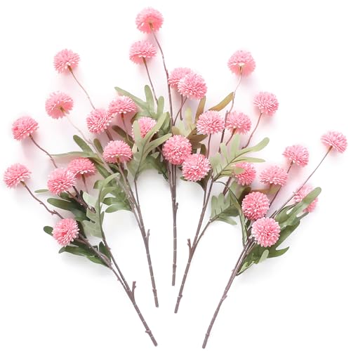 Floroom 5pcs Faux Silk Pompon Mum Artificial Flowers Bulk Fake Mini Chrysanthemums with Stems for DIY Bouquet Centerpieces Wedding Fillers Blush Arrangements Shower Decorations Pink