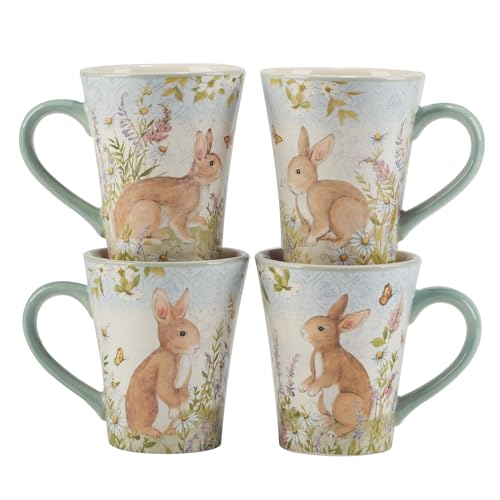 Juego de 4 mugs de cerámica 16 oz con diseño floral y conejitos miniatura 1